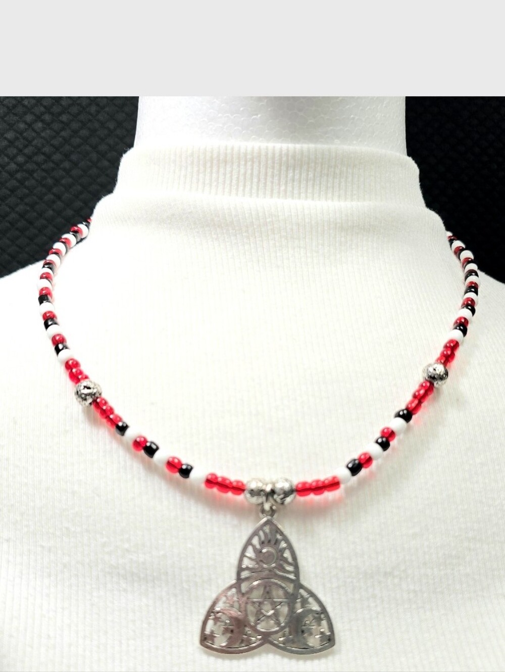 Celtic Triquetra, Red Black White Seed Beads, Lava  Beaded Necklace Earrings Set